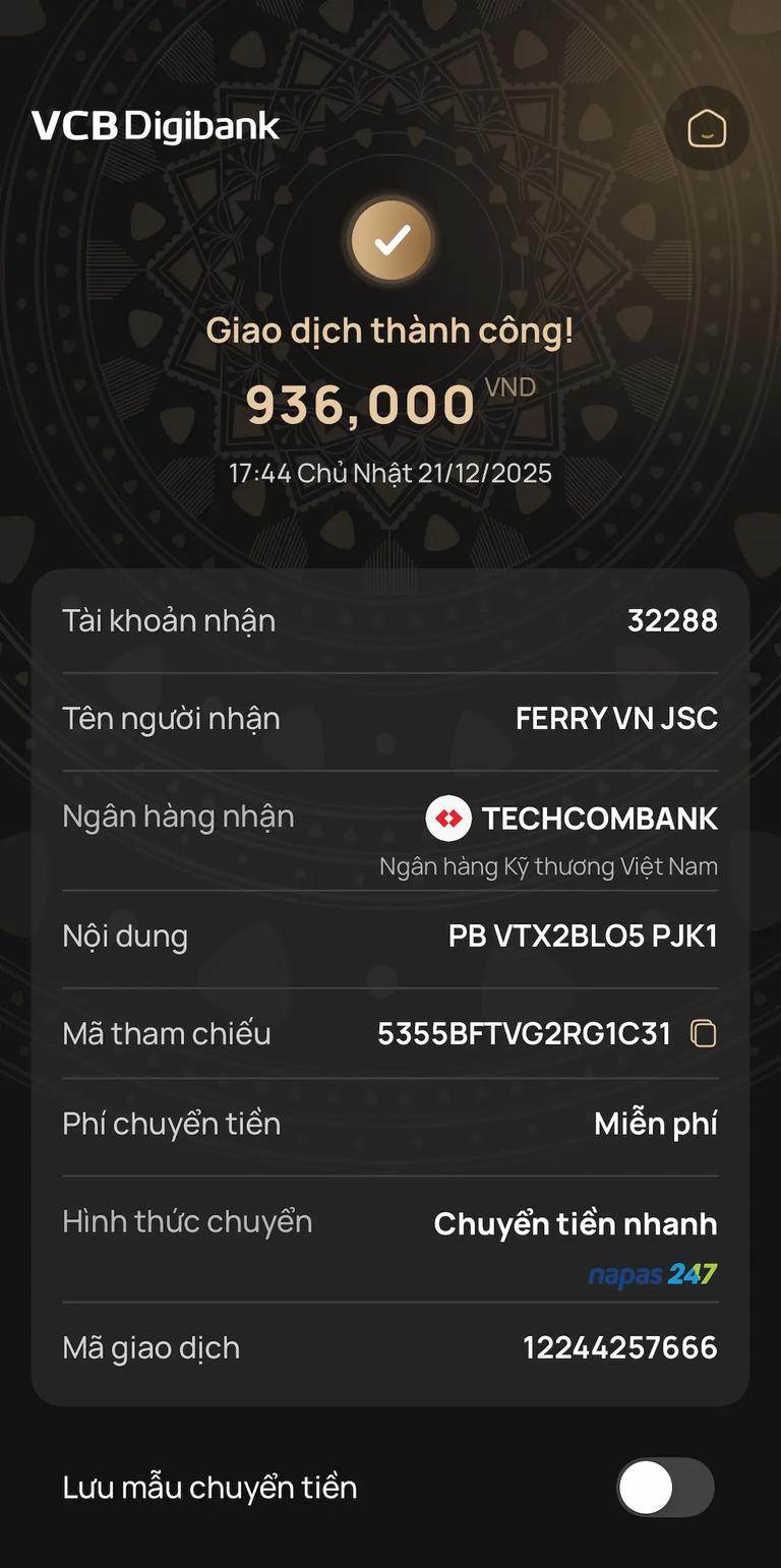 Ảnh chụp màn hình giao dịch thành công