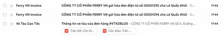 Email nhận vé tàu cao tốc và hoá đơn