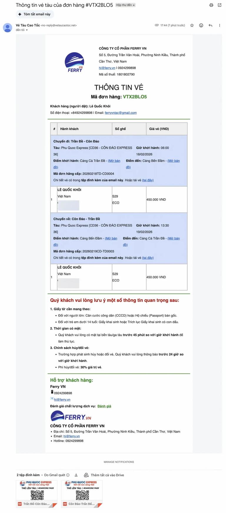 Email thông tin vé