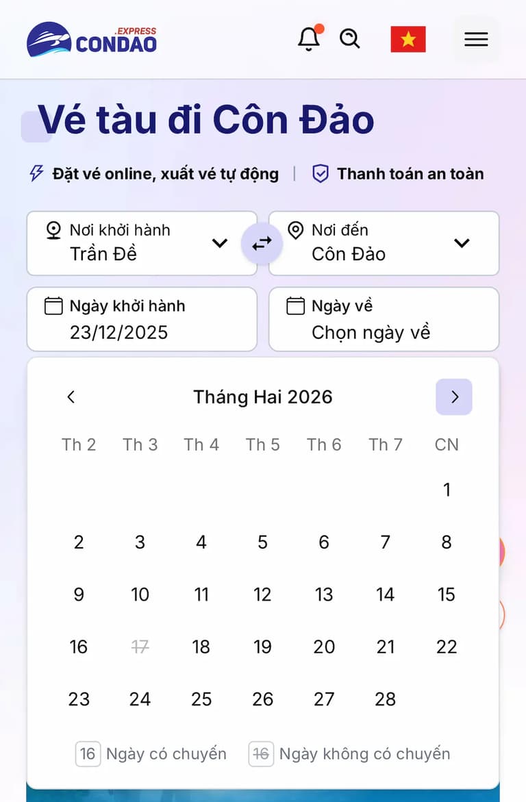 Tính năng Ngày có chuyến và ngày không có chuyến