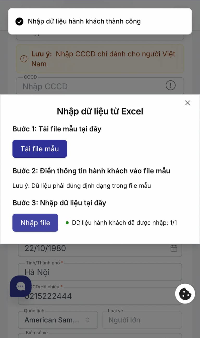 Nhập dữ liệu hành khách thành công