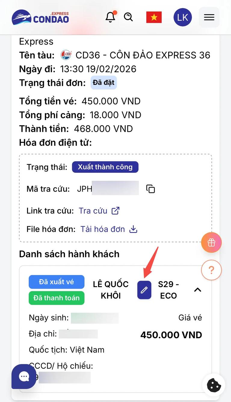 Thay đổi thông tin hành khách sau khi xuất vé