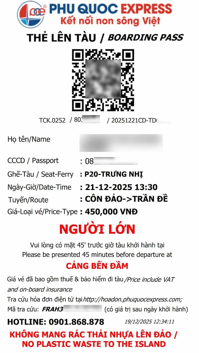 Thẻ lên tàu Côn Đảo Trần Đề - Phú Quốc Express
