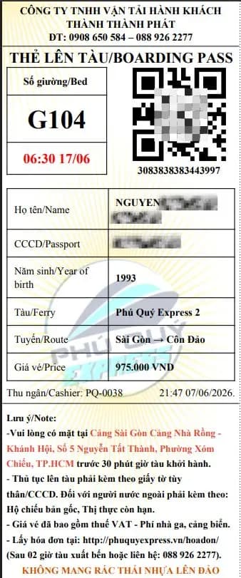 Thẻ lên tàu sài gòn Côn Đảo
