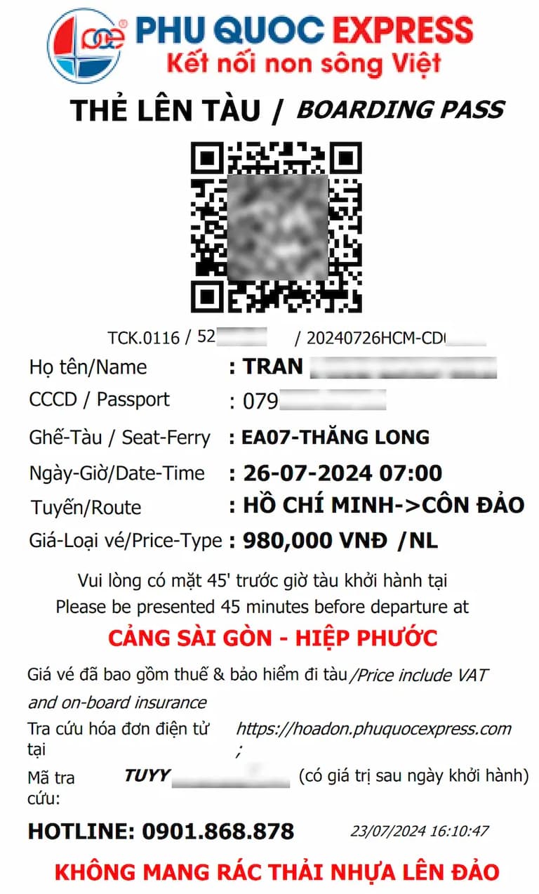 Thẻ lên tàu TP Hồ Chí Minh Côn Đảo tàu Thăng Long hãng Phú Quốc Express