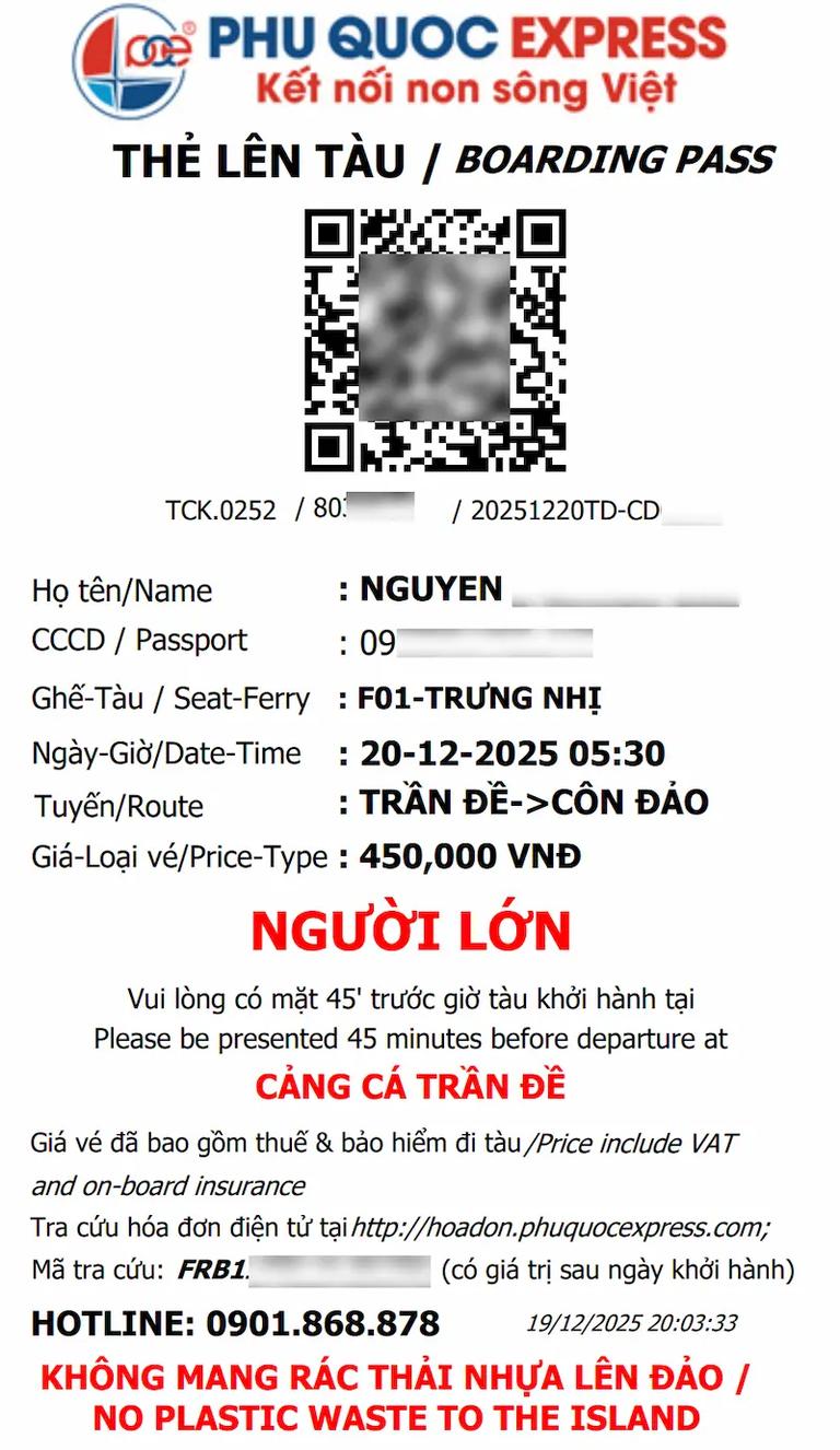 Thẻ lên tàu Trần Đề Côn Đảo - Phú Quốc Express