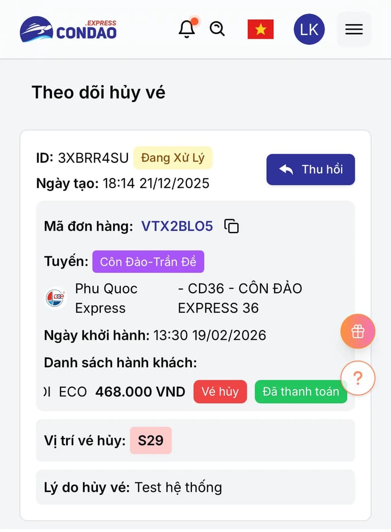 Theo dõi huỷ vé