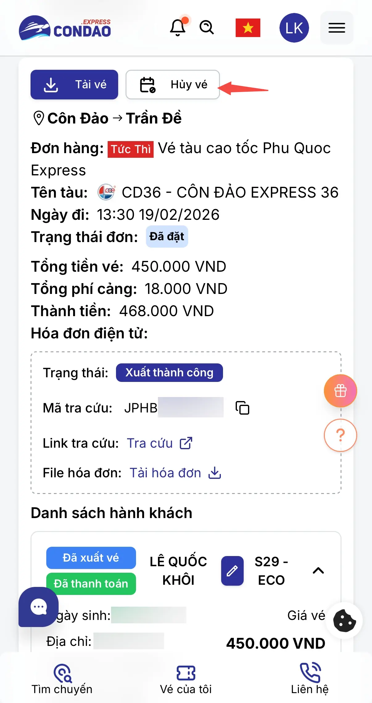 Chọn hành trình cần huỷ vé