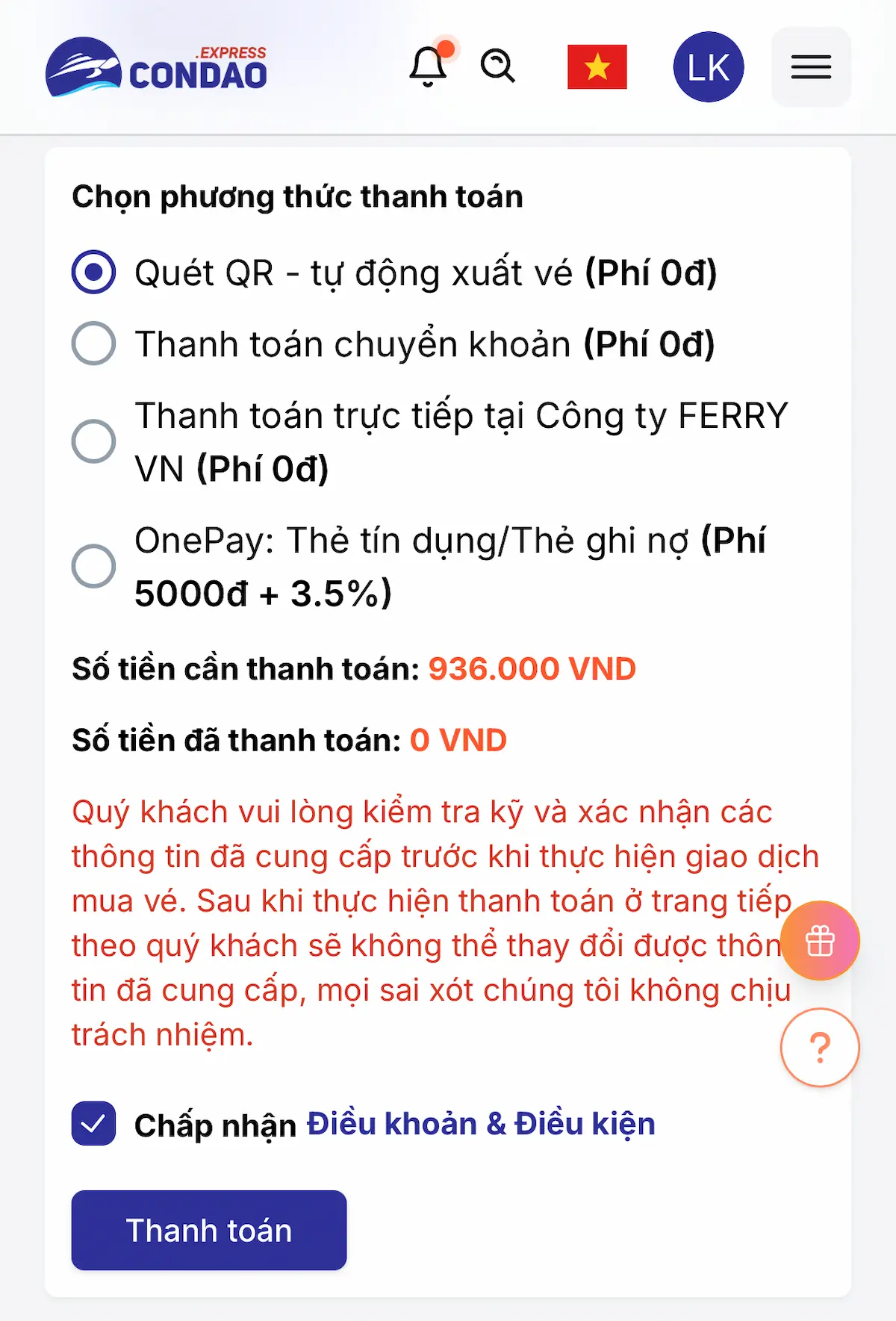 Chọn phương thức thanh toán