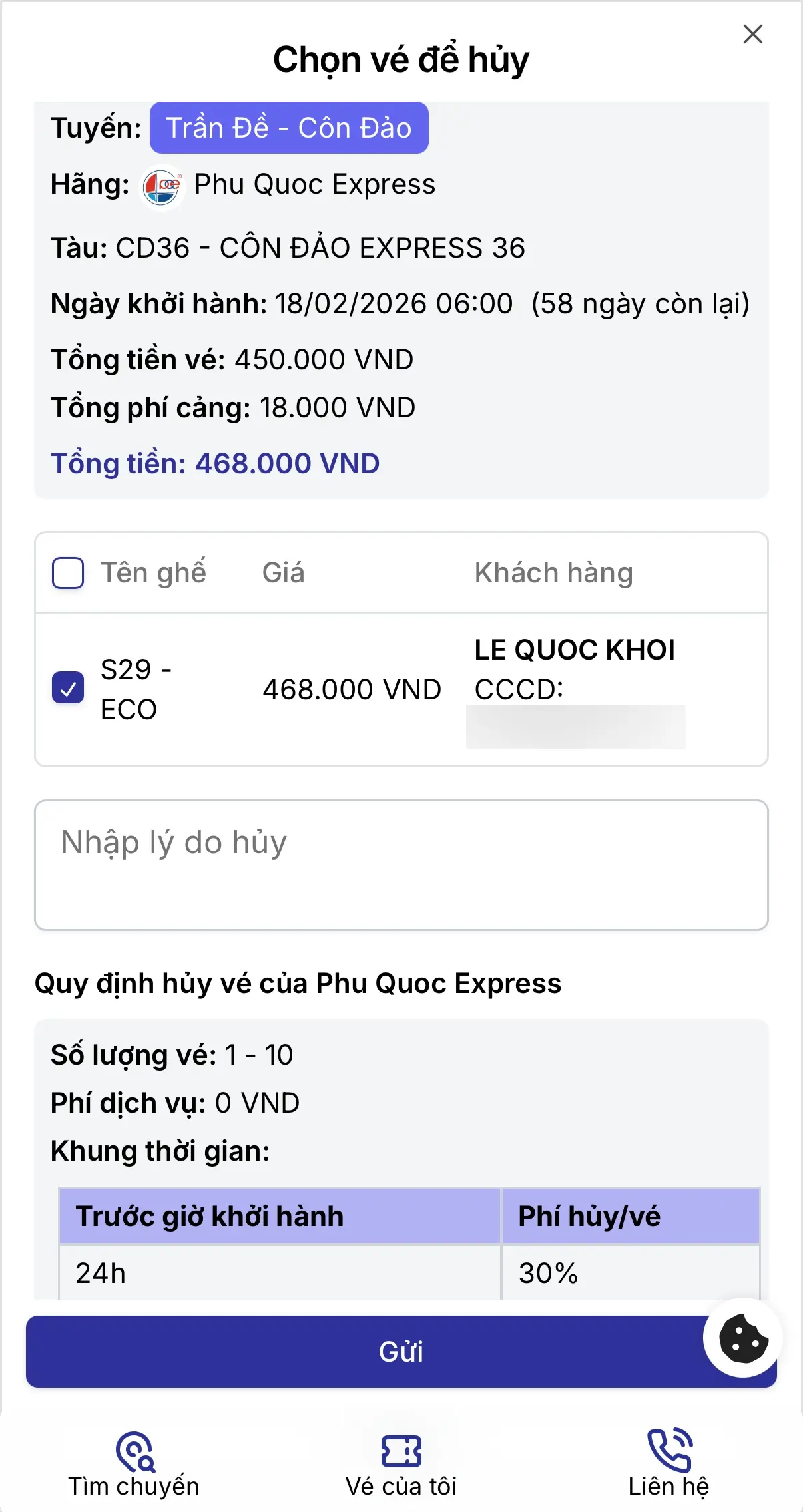 Chọn vé để huỷ