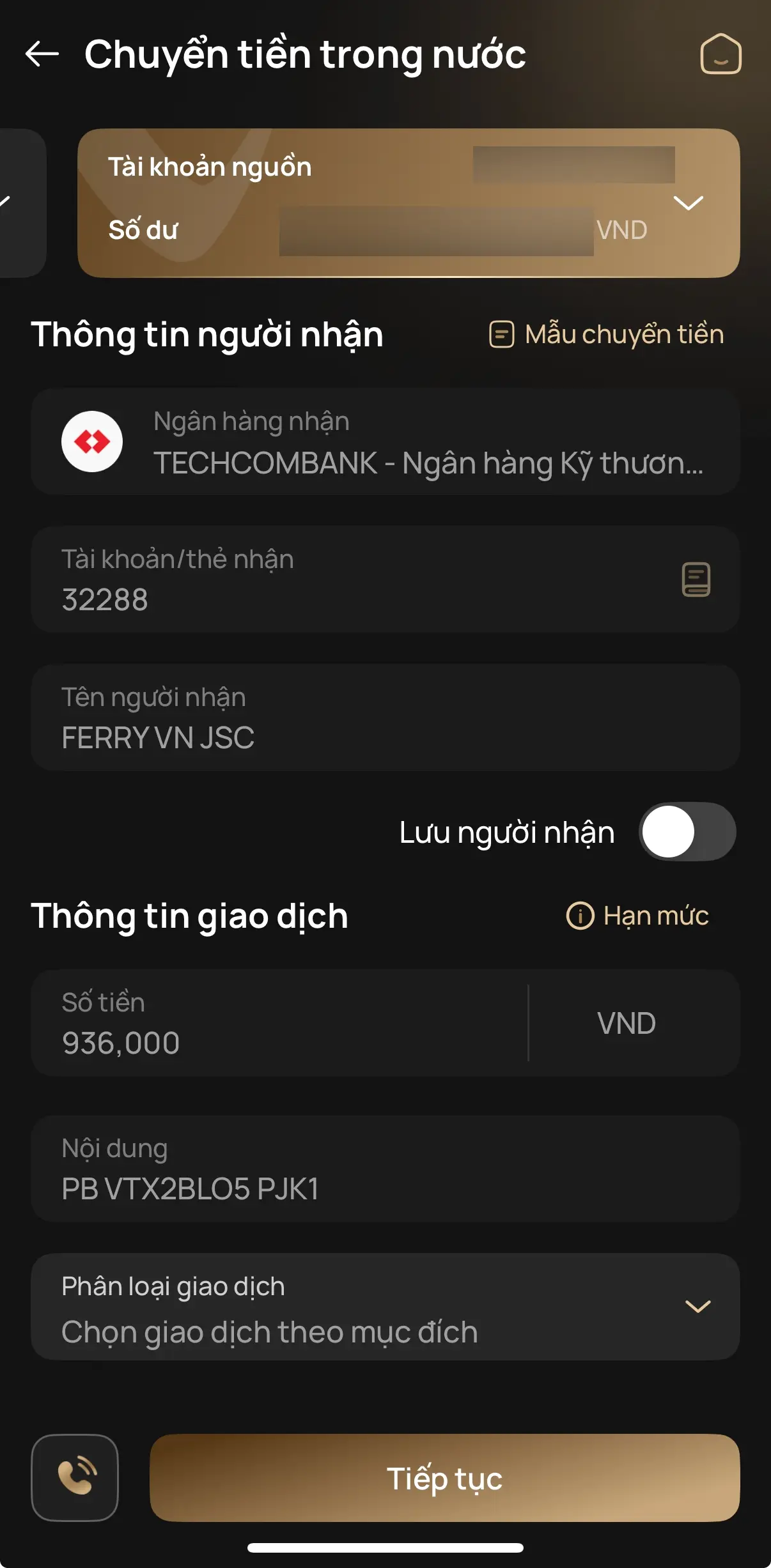 Chuyển tiền từ tài khoản ngân hàng