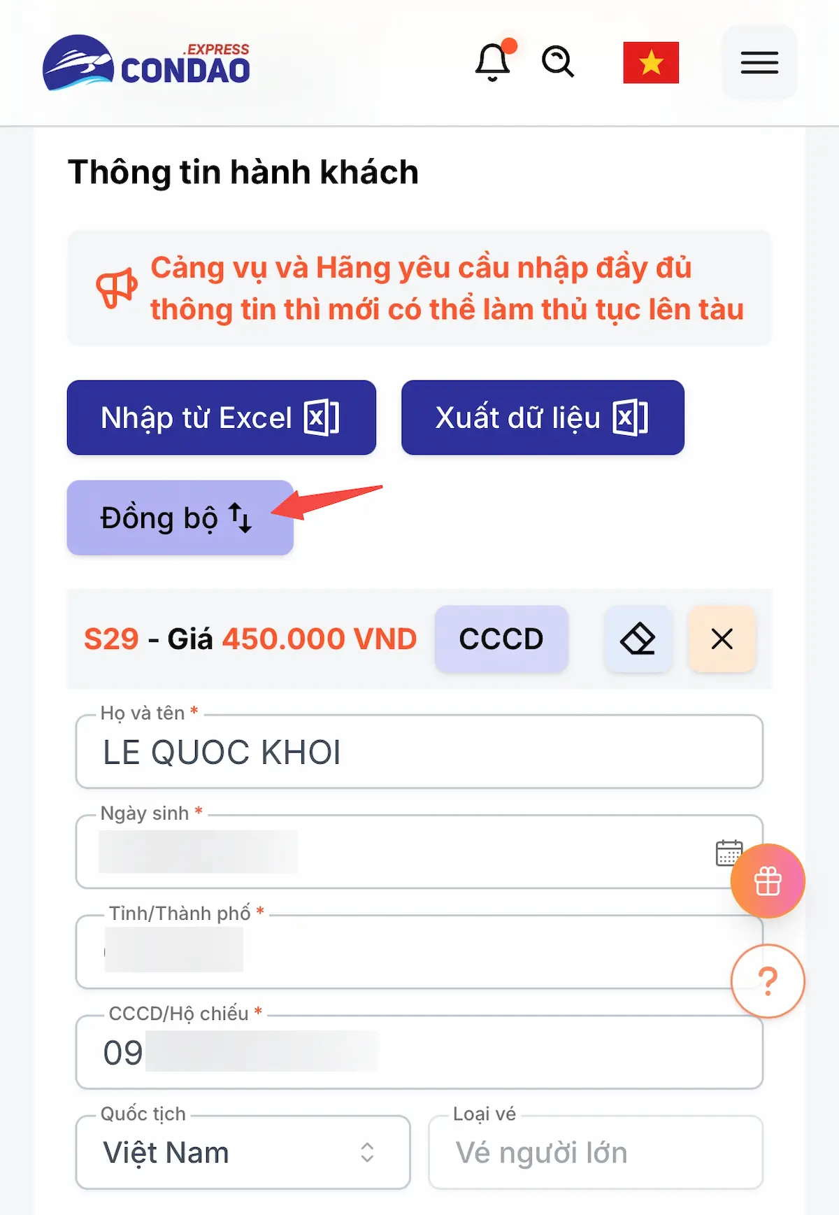 Đồng bộ danh sách hành khách