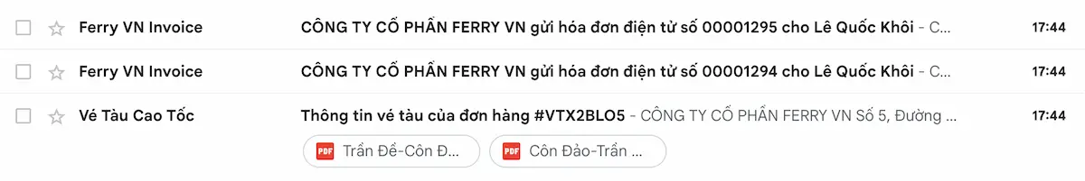 Email nhận vé tàu cao tốc và hoá đơn
