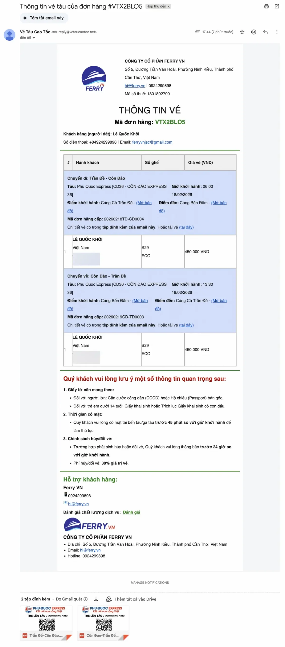 Email thông tin vé