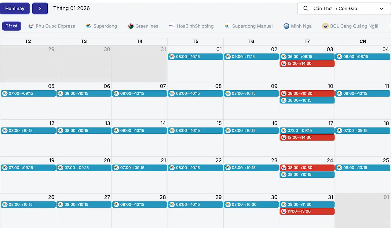 Lịch tàu Cần Thơ Côn Đảo tháng 1/2026