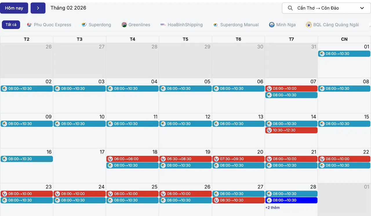 Lịch tàu Cần Thơ Côn Đảo tháng 2/2026