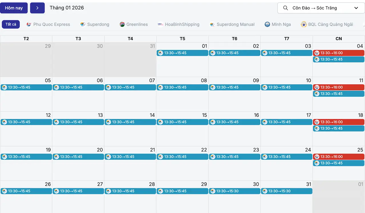 Lịch tàu Côn Đảo Cần Thơ tháng 1/2026