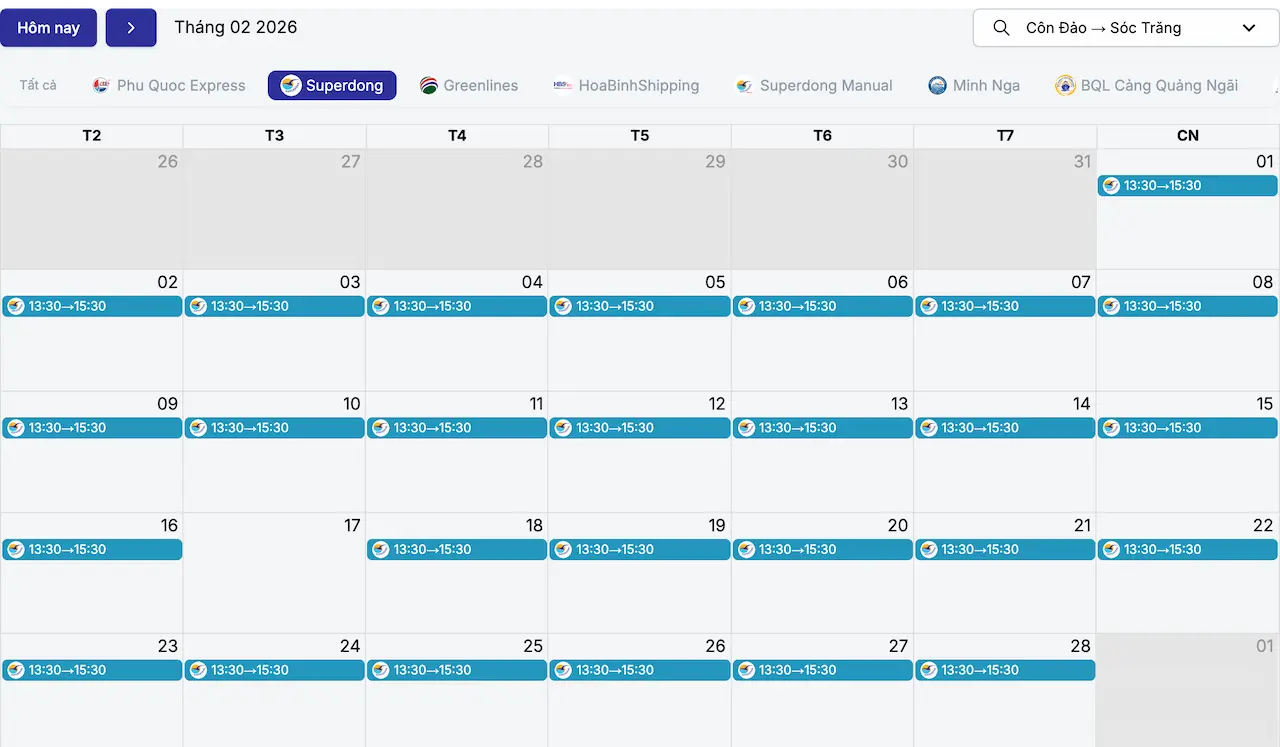 Lịch tàu Côn Đảo Sóc Trăng tháng 2/2026 hãng Superdong