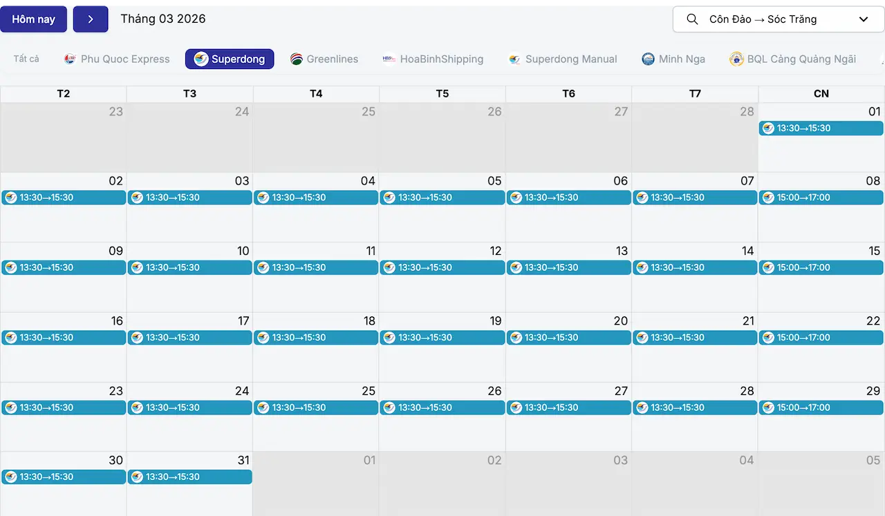 Lịch tàu Côn Đảo Sóc Trăng tháng 3/2026 hãng Superdong