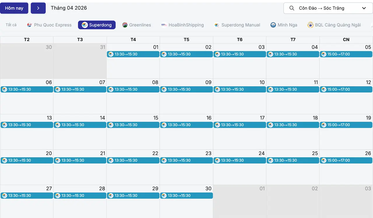 Lịch tàu Côn Đảo Sóc Trăng tháng 4/2026 hãng Superdong