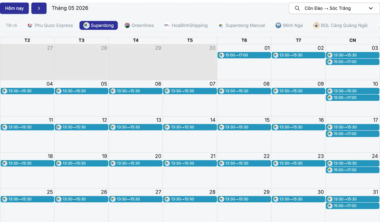 Lịch tàu Côn Đảo Sóc Trăng tháng 5/2026 hãng Superdong