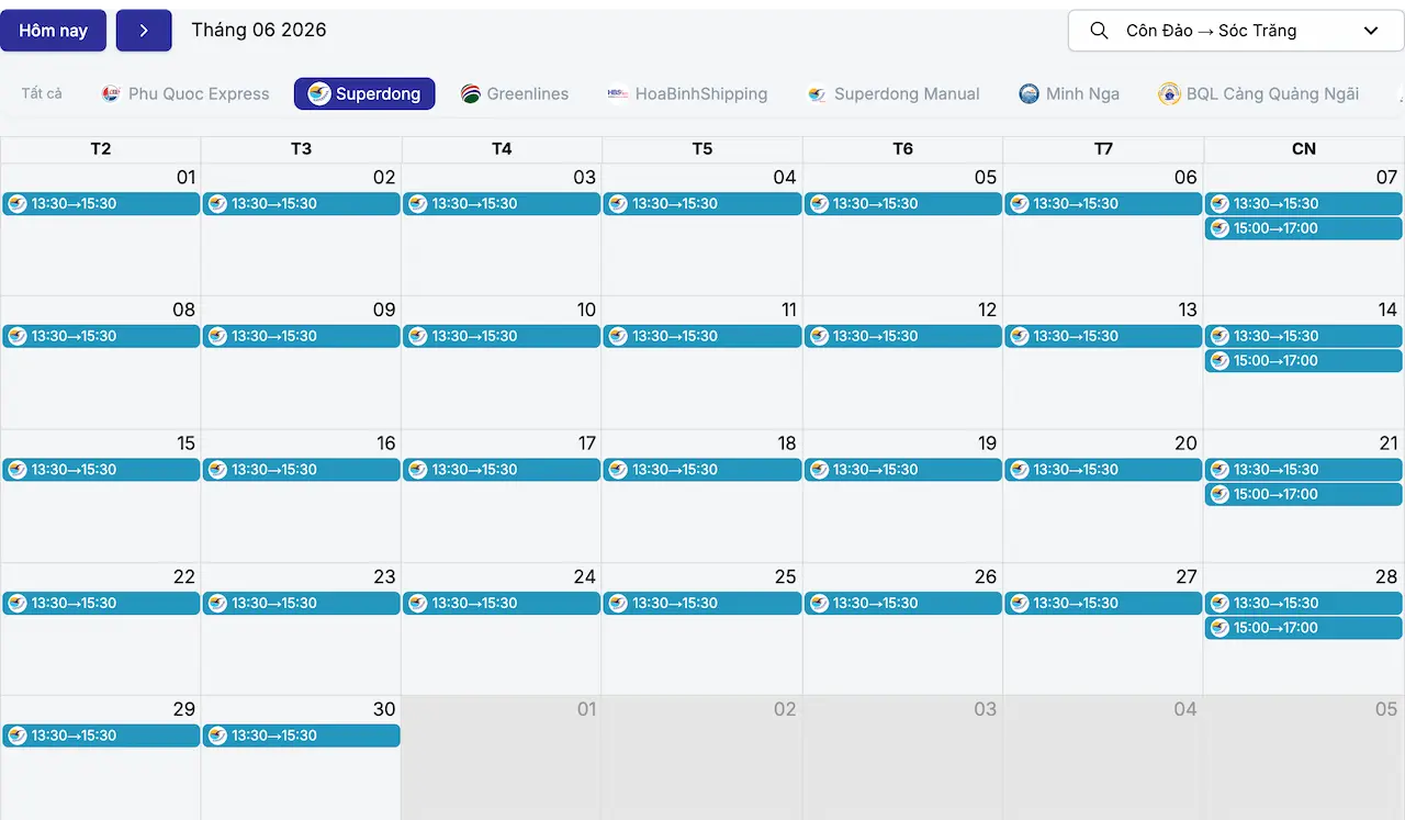 Lịch tàu Côn Đảo Sóc Trăng tháng 6/2026 hãng Superdong
