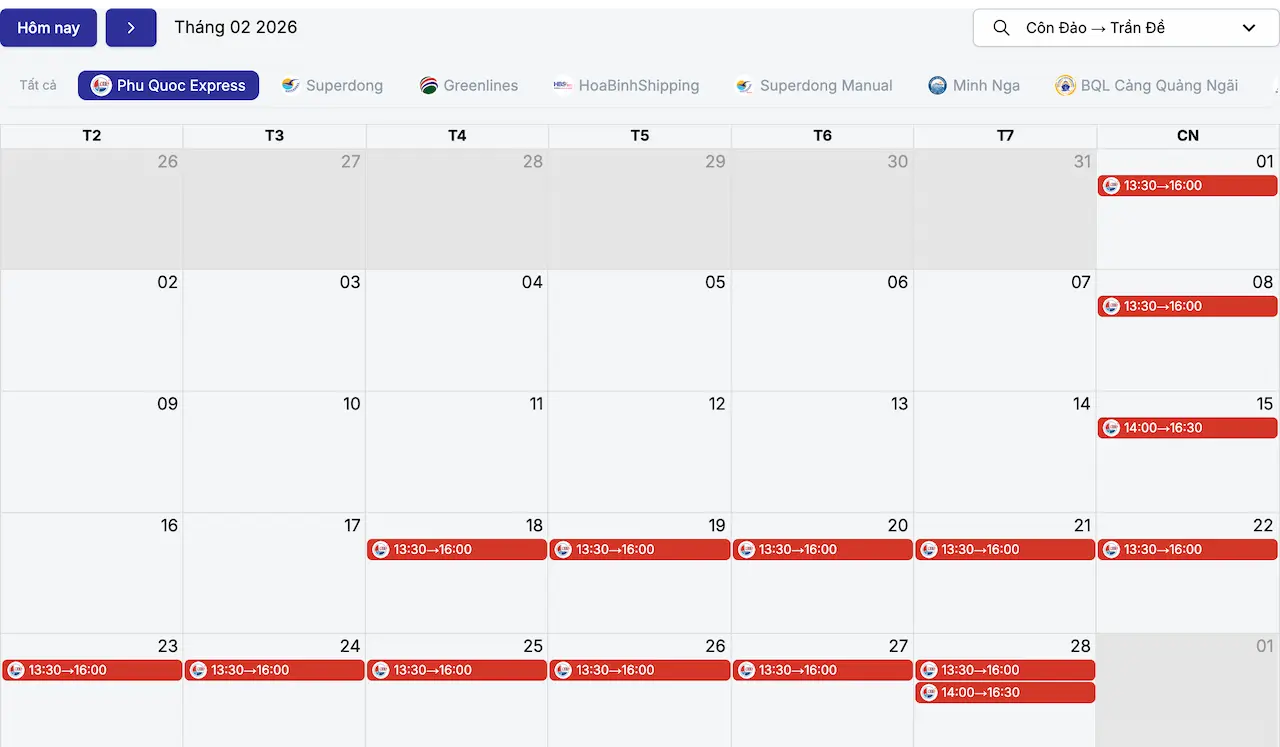 Lịch tàu Côn Đảo Trần Đề tháng 2/2026