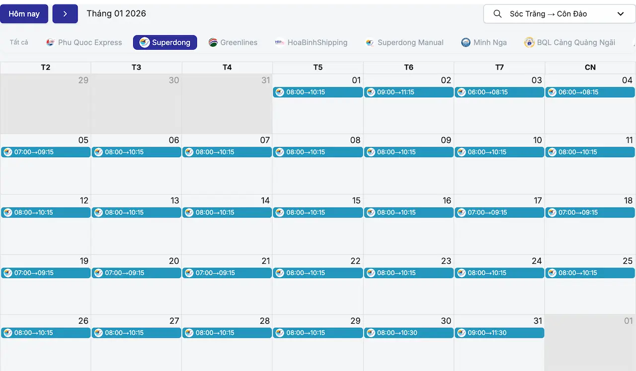 Lịch tàu Sóc Trăng Côn Đảo tháng 1/2026 Superdong