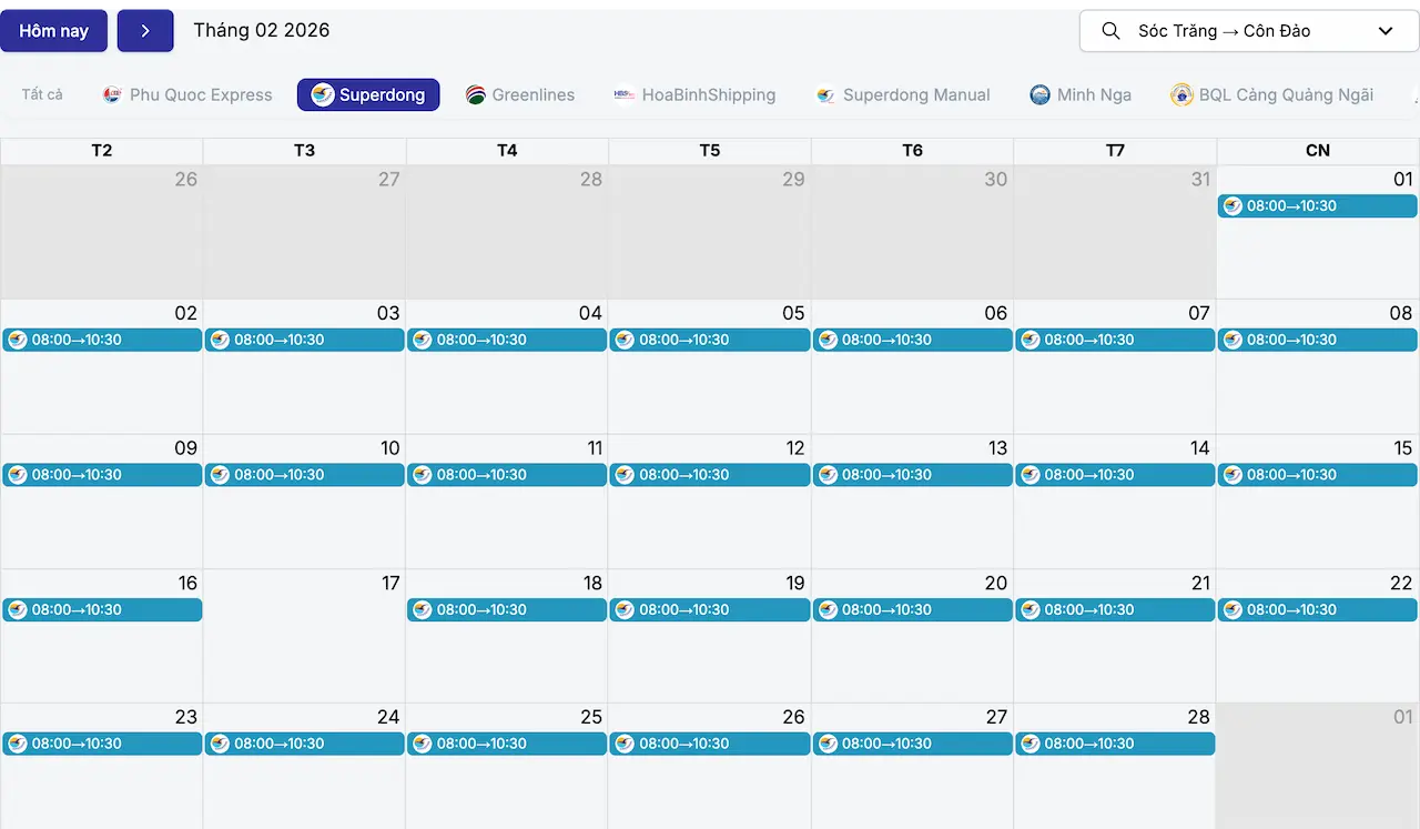 Lịch tàu Sóc Trăng Côn Đảo tháng 2/2026 Superdong