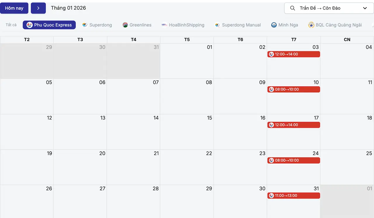 Lịch tàu Trần Đề Côn Đảo tháng 1/2026