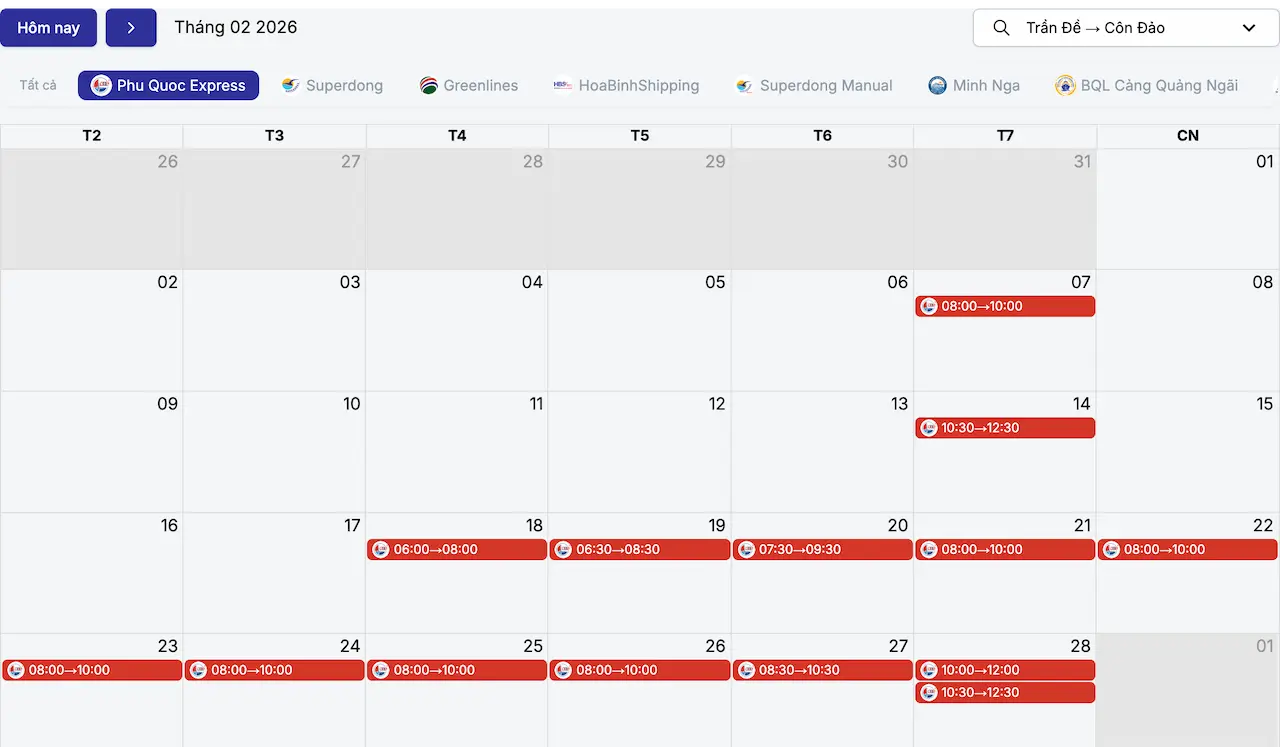 Lịch tàu Trần Đề Côn Đảo tháng 2/2026