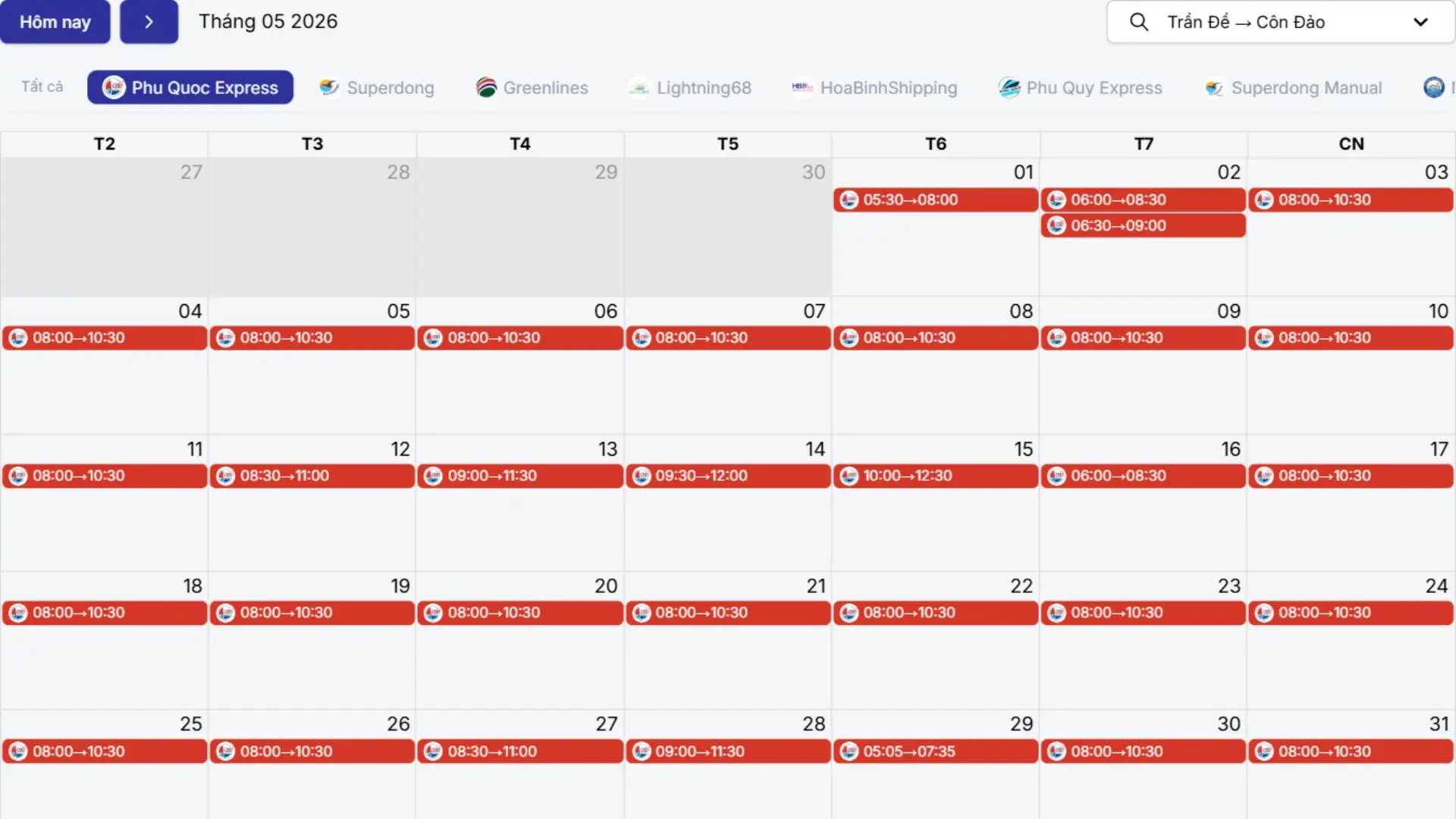Lịch tàu Trần Đề Côn Đảo tháng 5/2026