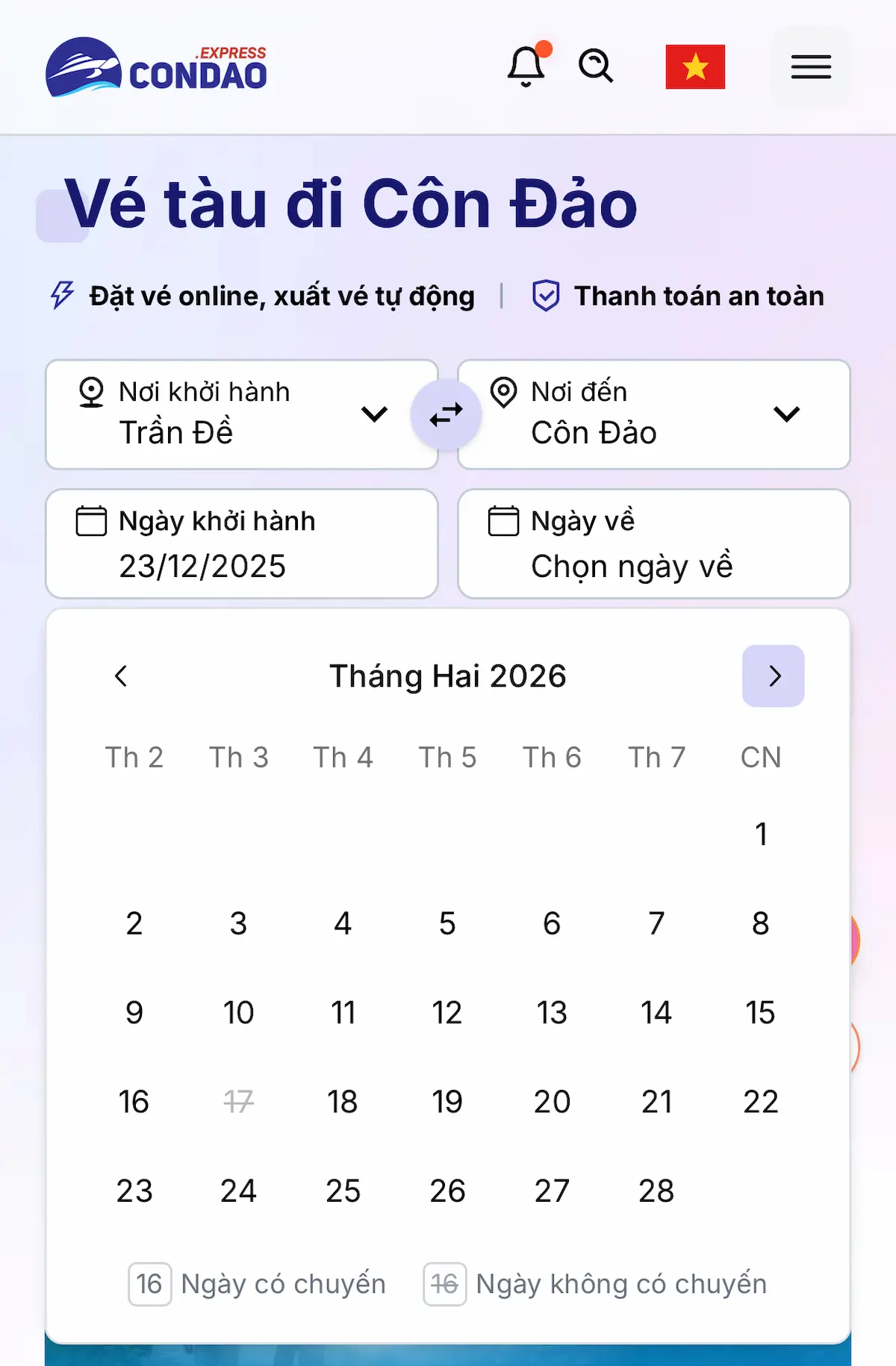 Tính năng Ngày có chuyến và ngày không có chuyến
