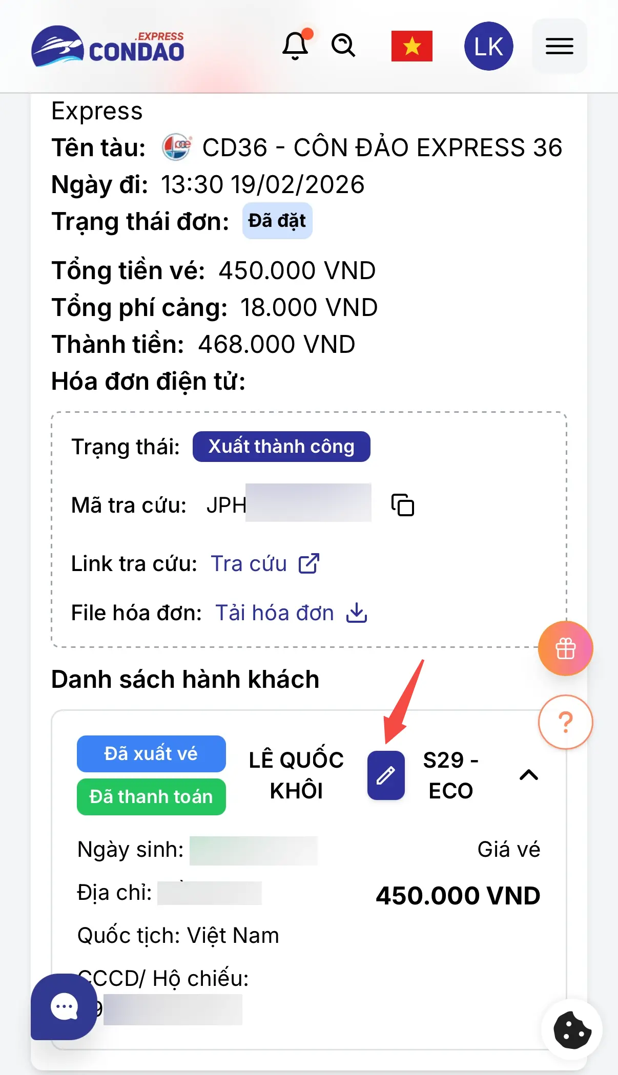 Thay đổi thông tin hành khách sau khi xuất vé