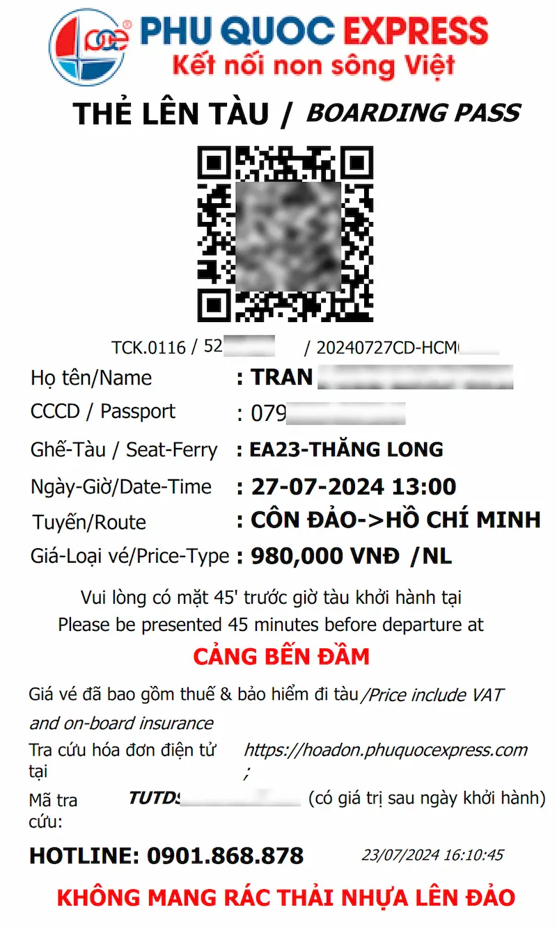 Thẻ lên tàu Côn Đảo TP Hồ Chí Minh tàu Thăng Long hãng Phú Quốc Express