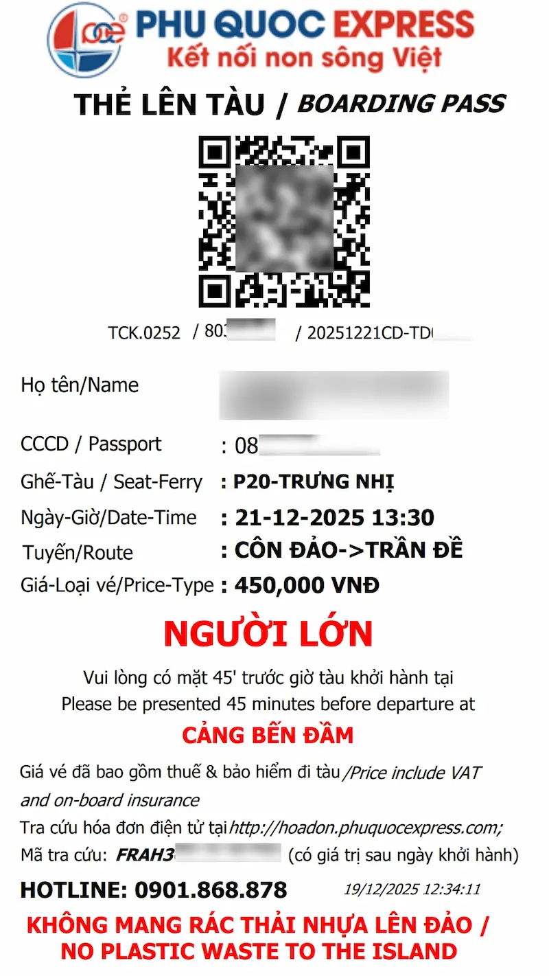 Thẻ lên tàu Côn Đảo Trần Đề - Phú Quốc Express