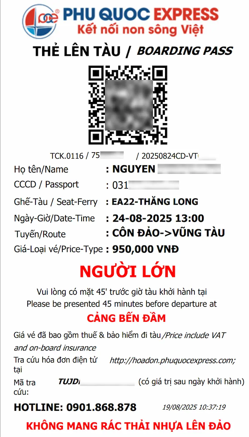 Thẻ lên tàu Côn Đảo Vũng Tàu hãng Phú Quốc Express