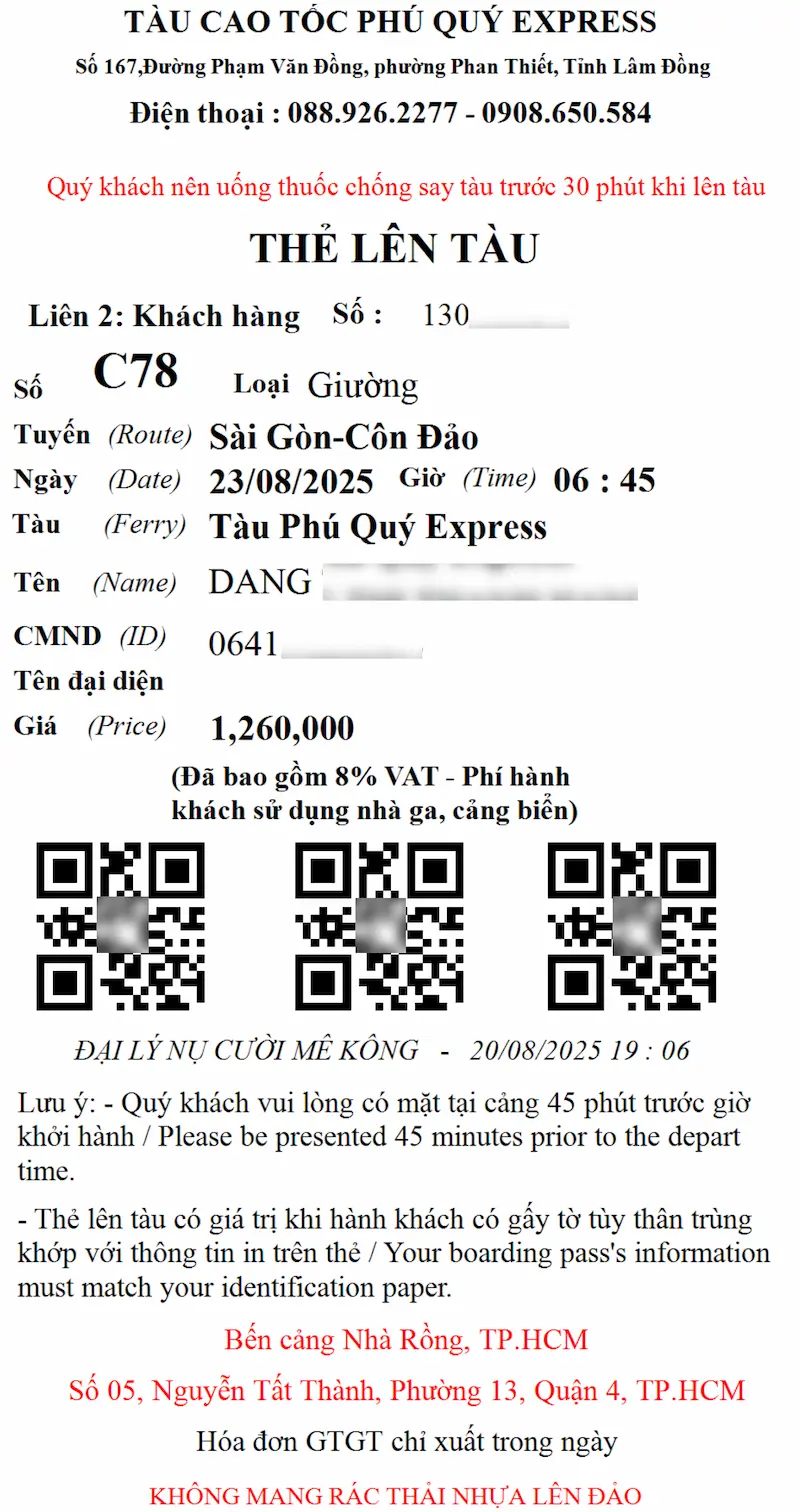 Thẻ lên tàu TP. Hồ Chí Minh Côn Đảo hãng Phú Quý Express