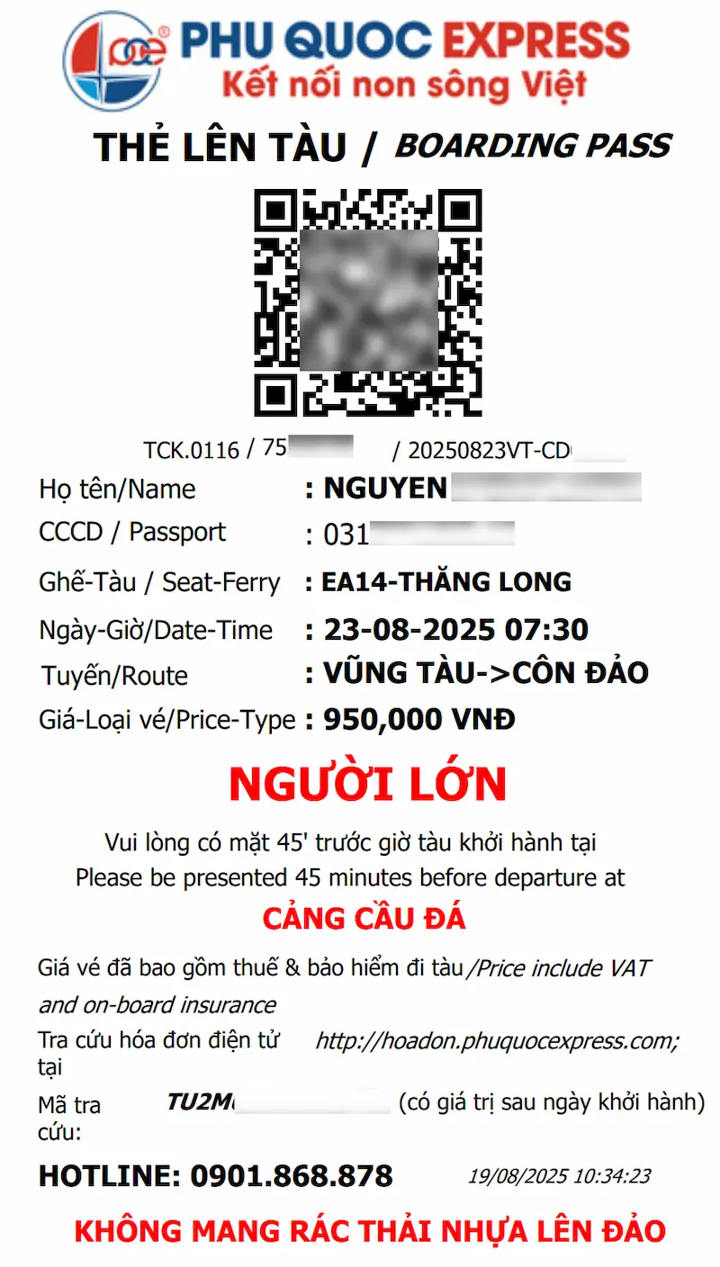 Thẻ lên tàu Vũng Tàu Côn Đảo hãng Phú Quốc Express