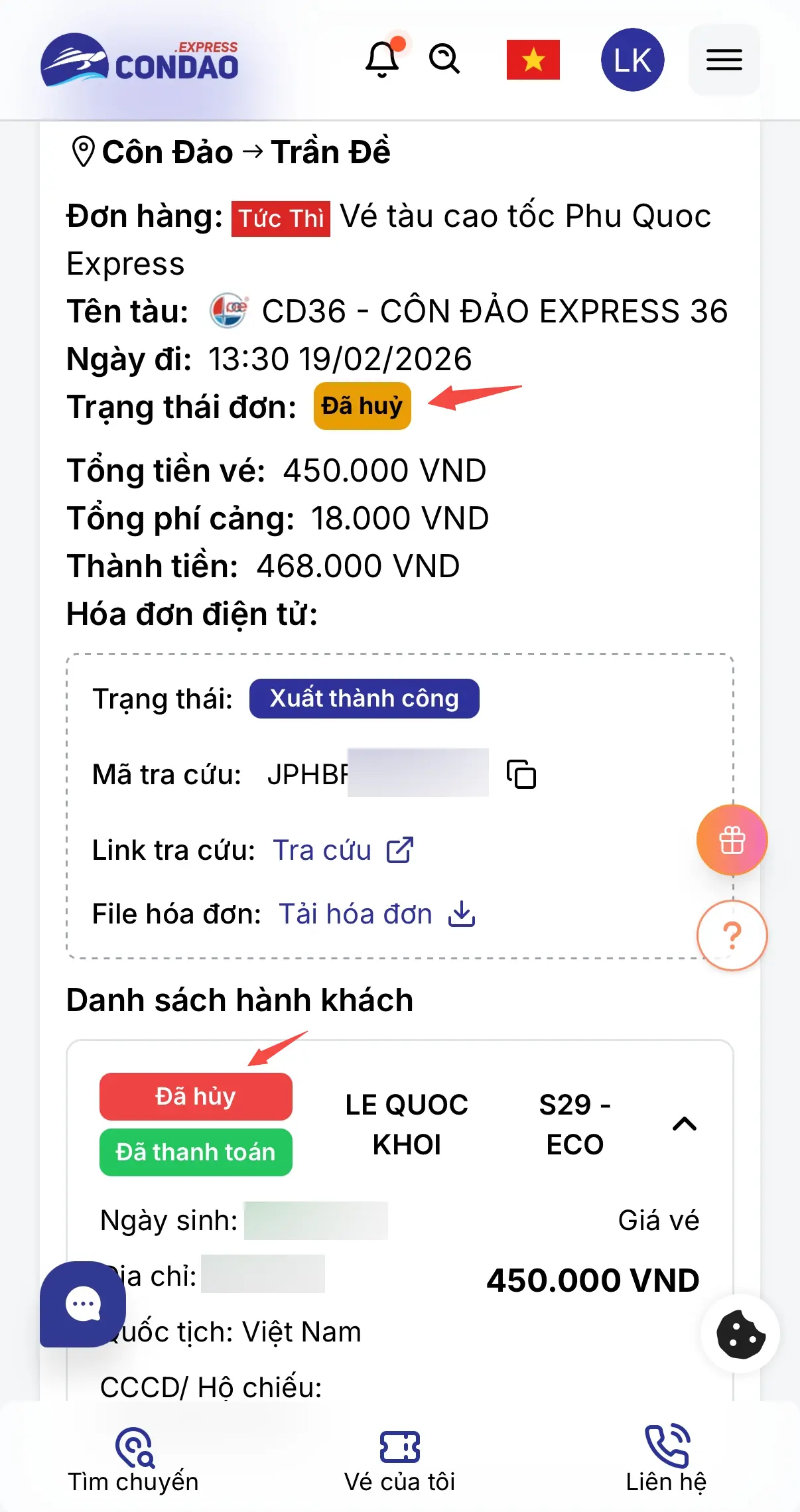 Trạng thái đơn sau khi huỷ